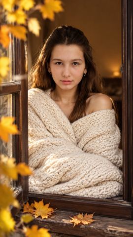 Autumn photos — Cozy autumn by the window in a knit sweater