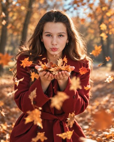 Autumn photos — Maple leaves in the wind, red coat