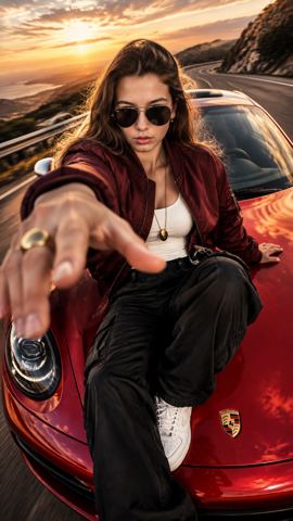 Women's portraits — Woman on a sports car hood at sunset