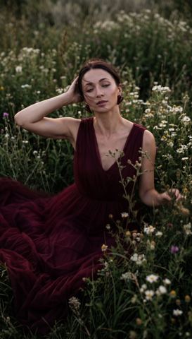 Women's portraits — Burgundy dress in a meadow