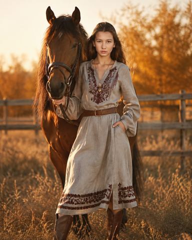 Autumn photos — Girl with a horse at autumn sunset