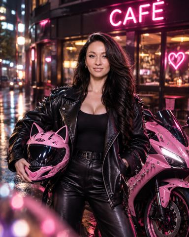 Women's portraits — Biker in a neon city