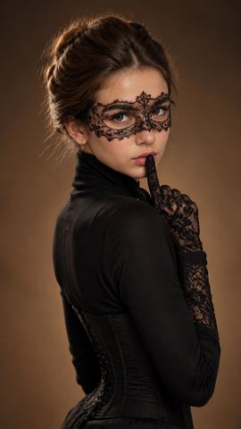 Women's portraits — Mysterious muse in black lace and mask