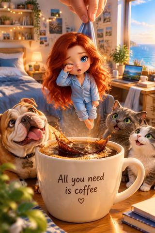 Styles & effects — Tiny girl with morning coffee
