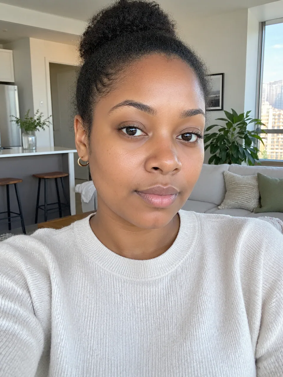 Original selfie: woman with hair pulled back in a bun