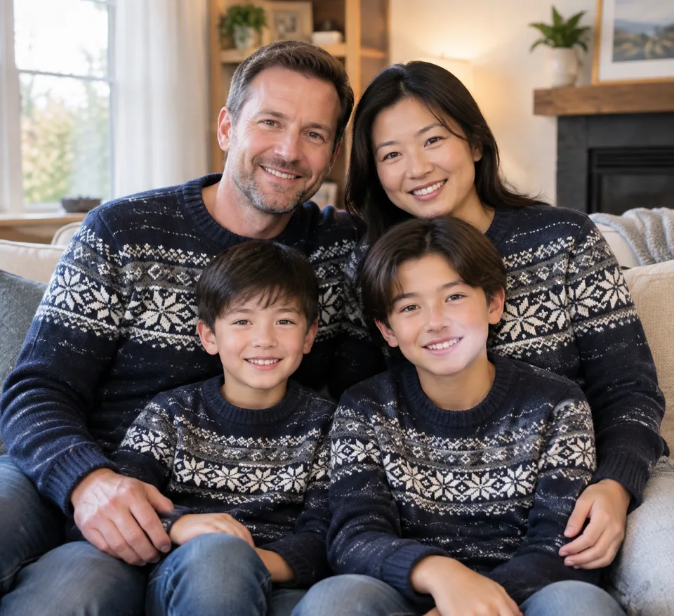 Original photo: family of four in matching sweaters at home