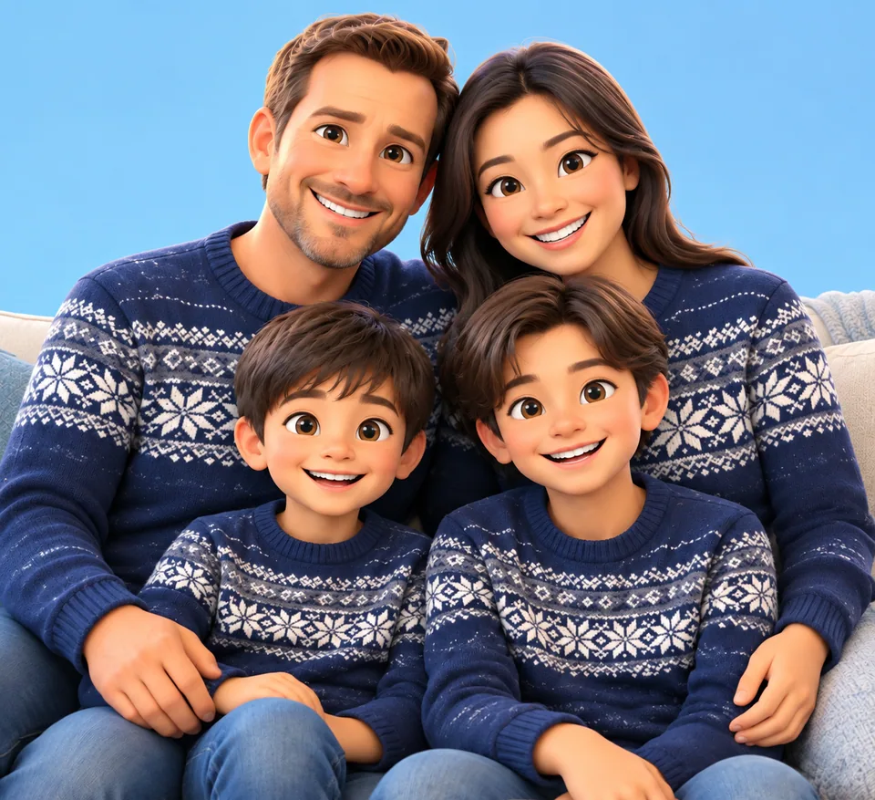 3D cartoon family portrait on sky blue, each face still recognizable