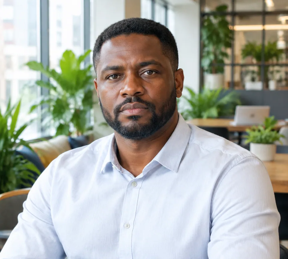 Original photo: man with a stiff, serious look in a co-working space