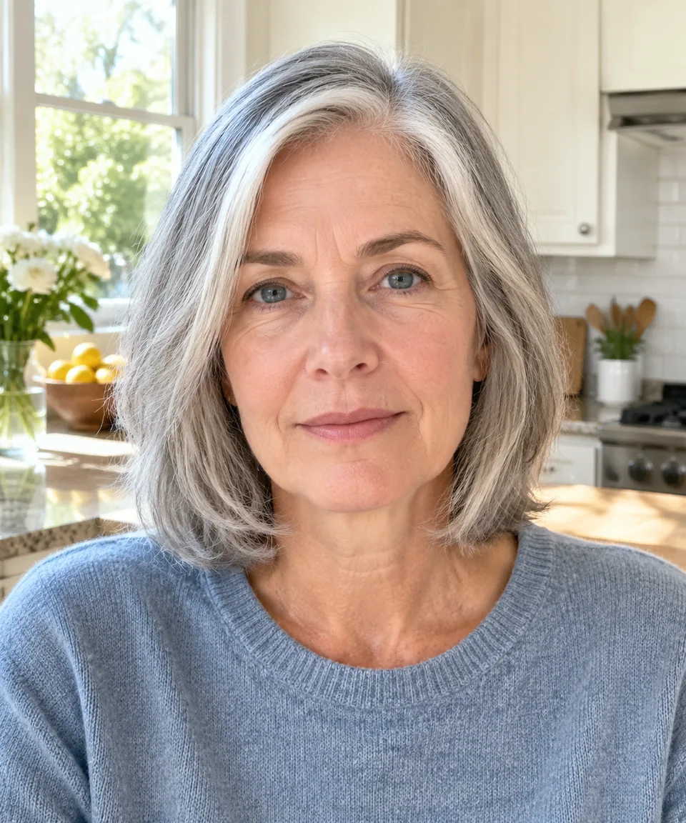 Original photo: grey-haired woman with a neutral face in a sunny kitchen
