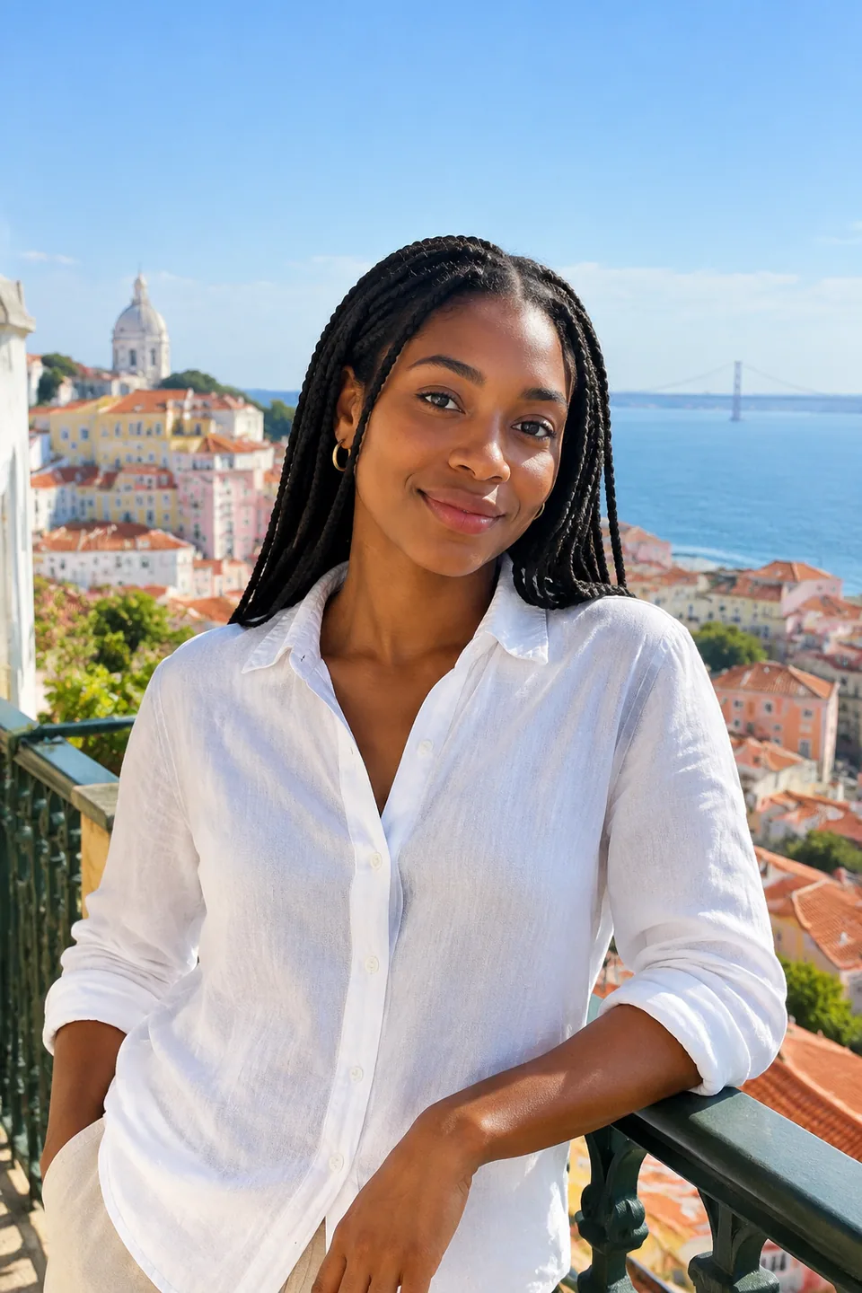 Original photo: woman wearing a white linen shirt on a sunny balcony