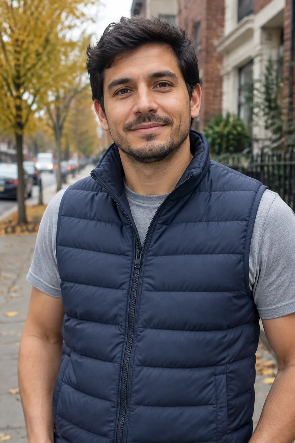Original photo: man in a navy quilted vest on a city street