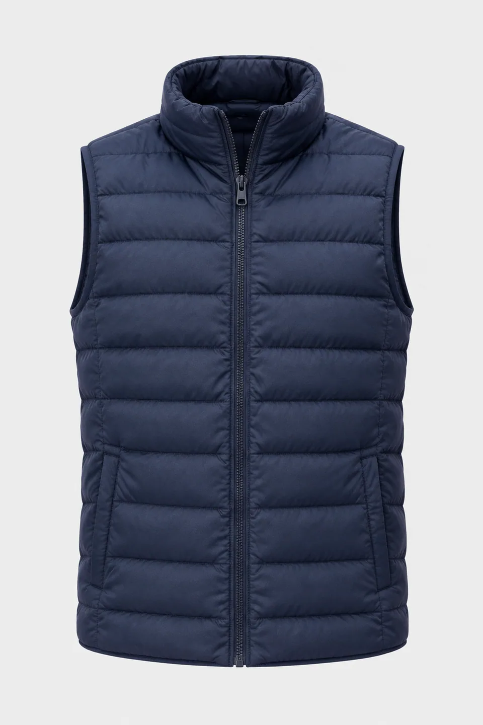 AI result: quilted vest on an invisible mannequin, light grey studio background