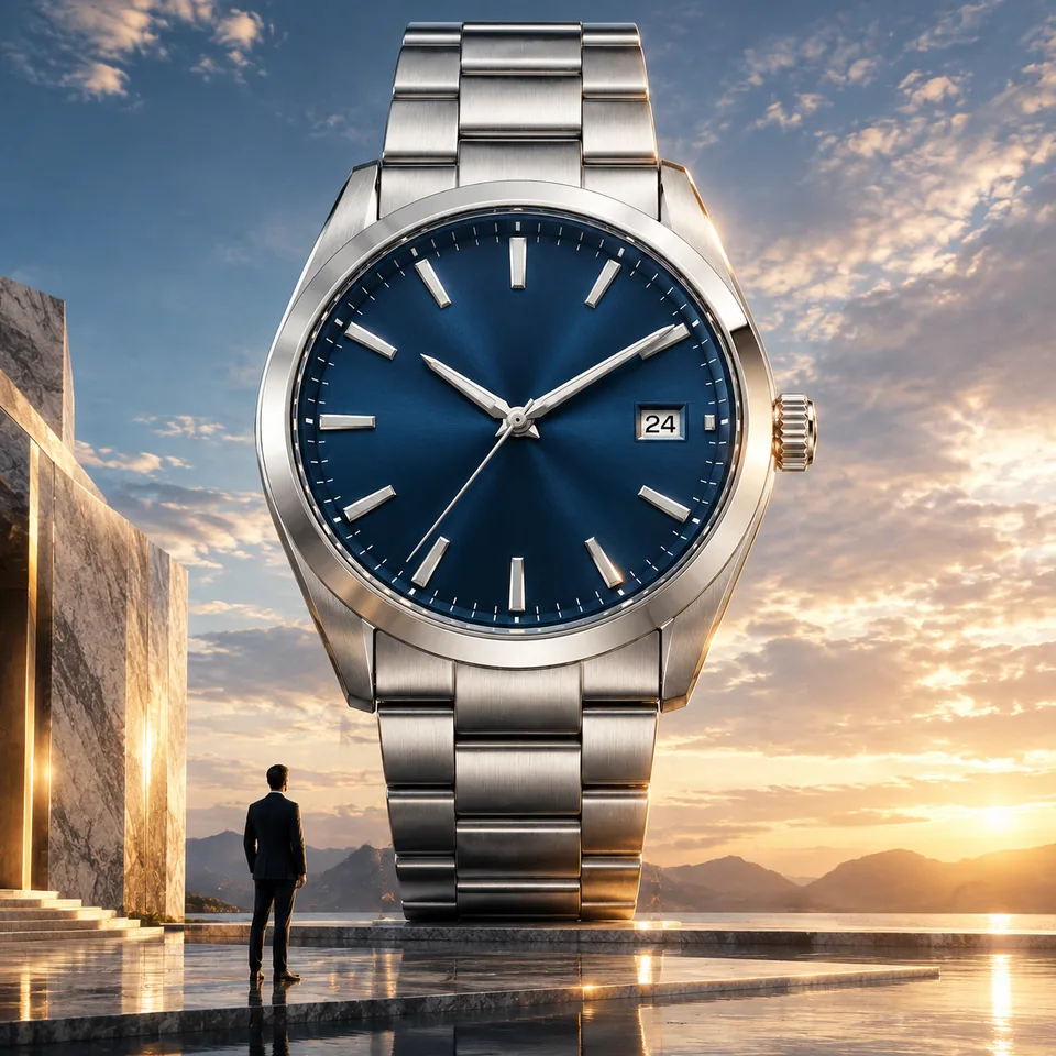 Ad visual: a giant watch towering over a luxury yacht marina