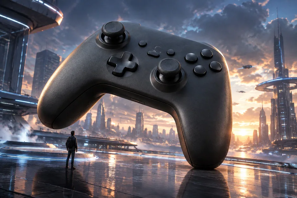 Ad visual: a colossal controller floating over a neon future city