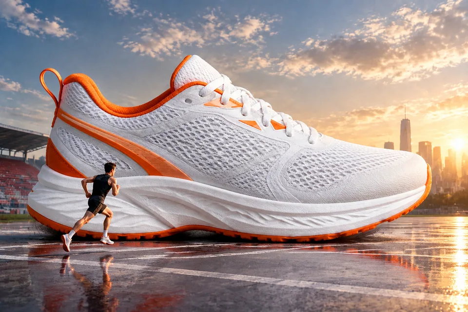 Ad visual: a giant sneaker in a stadium with runners at its base