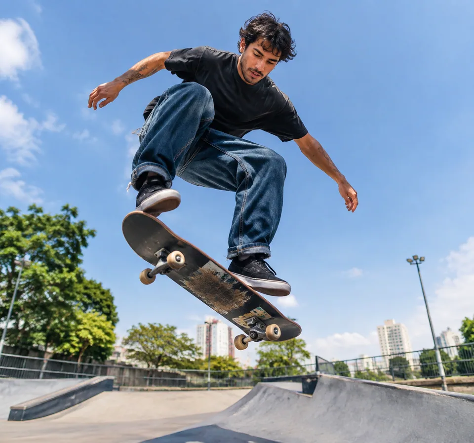 Original photo: skateboarder mid-jump at an urban skatepark