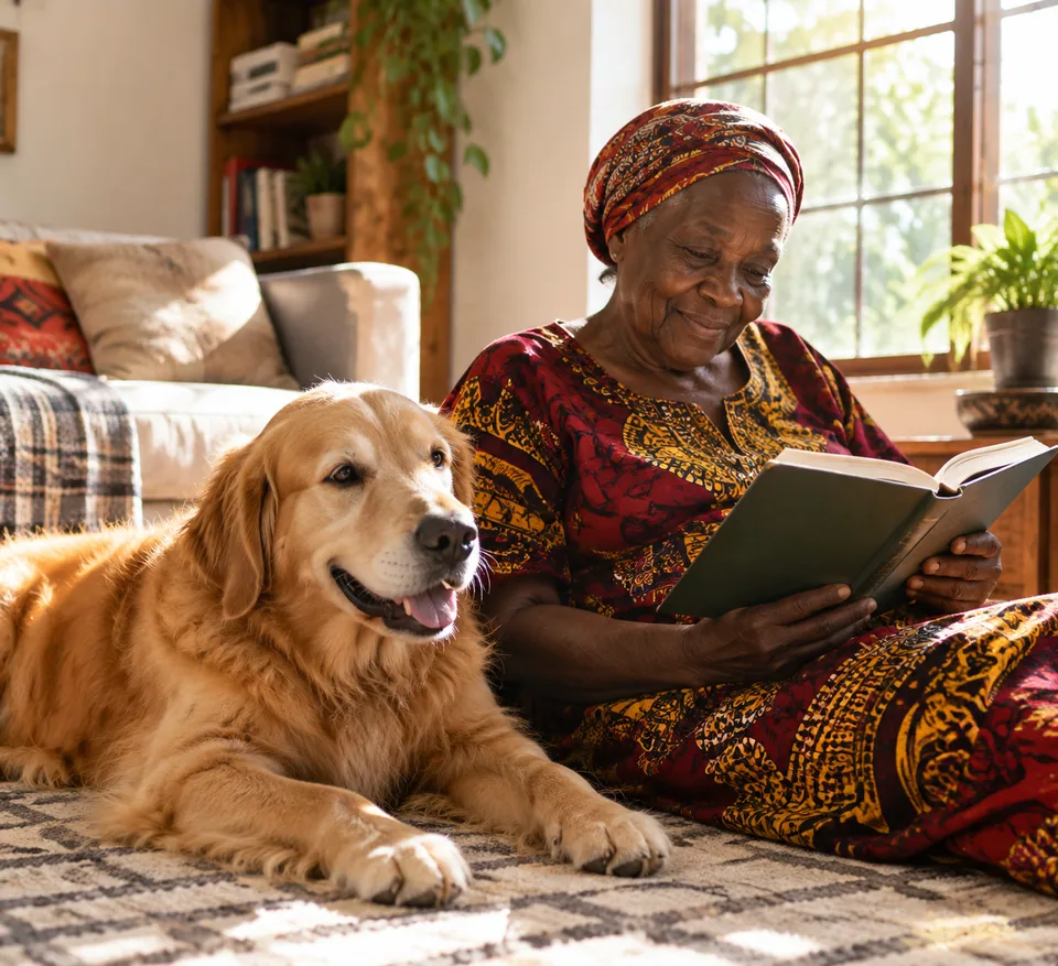 Original photo: grandmother reading with a golden retriever at her feet