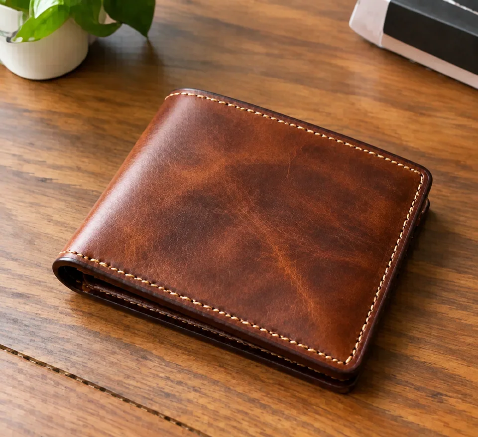 AI result: crisp wallet with visible leather grain and stitching