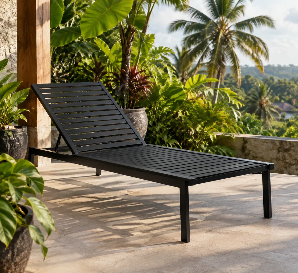 Original photo: black metal lounge chair on a tropical terrace