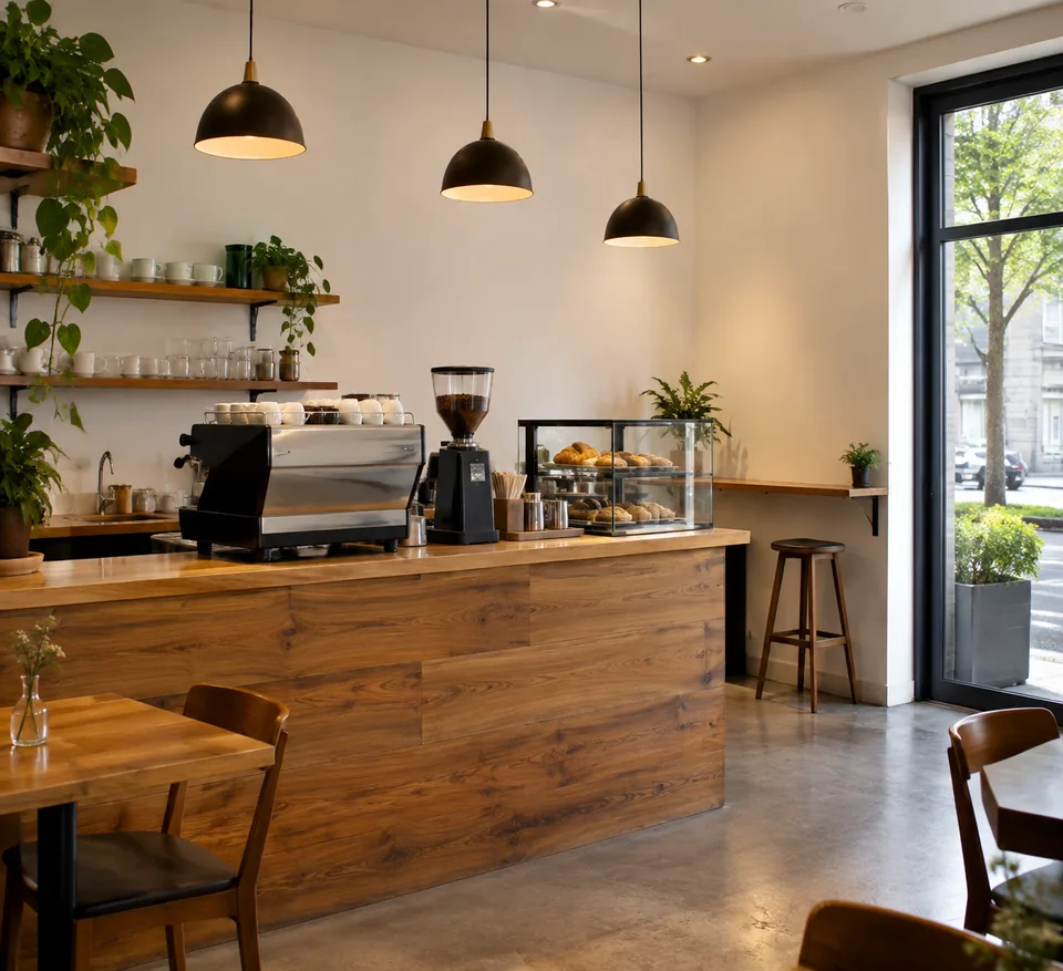 Original photo: café interior with a smooth white back wall