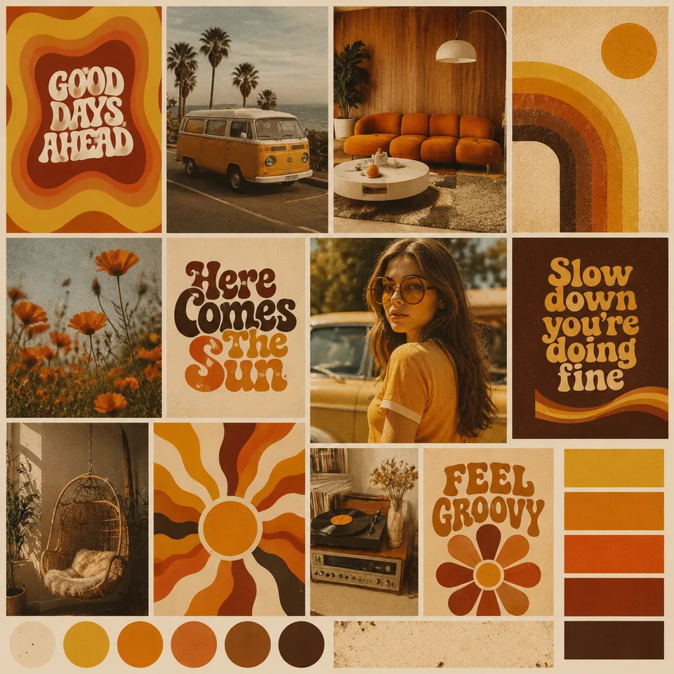 Moodboard: 70s colors, grainy film photos, groovy type