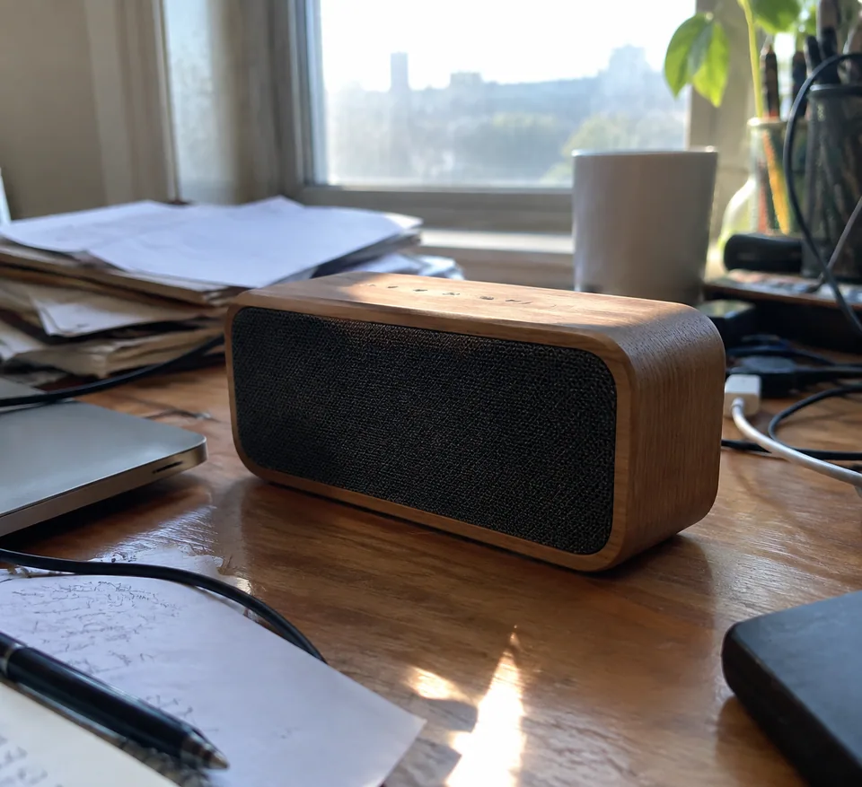 Original: wooden speaker on a messy desk against a bright window