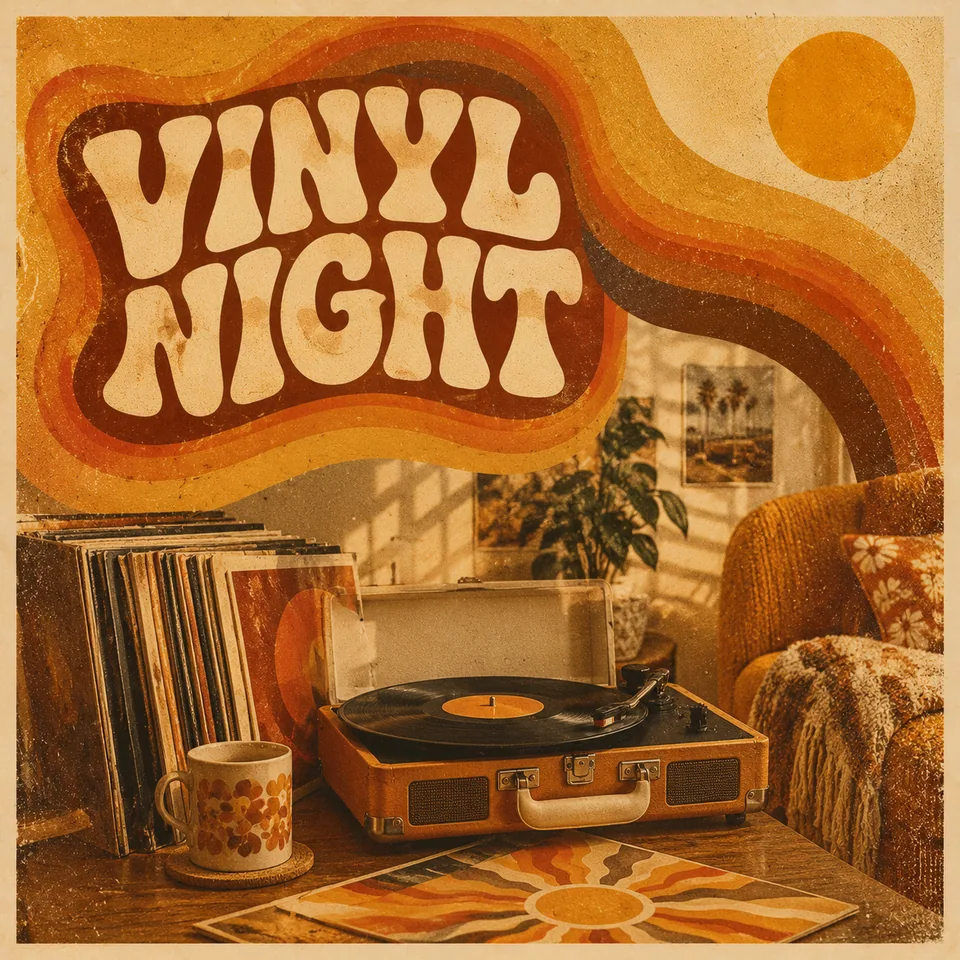 VINYL NIGHT poster in mustard and burnt orange 70s style