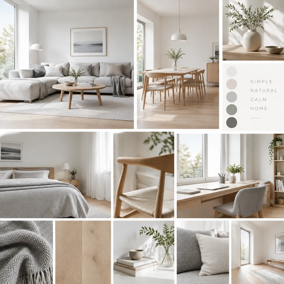 Moodboard: pale oak, white walls, soft grey textiles