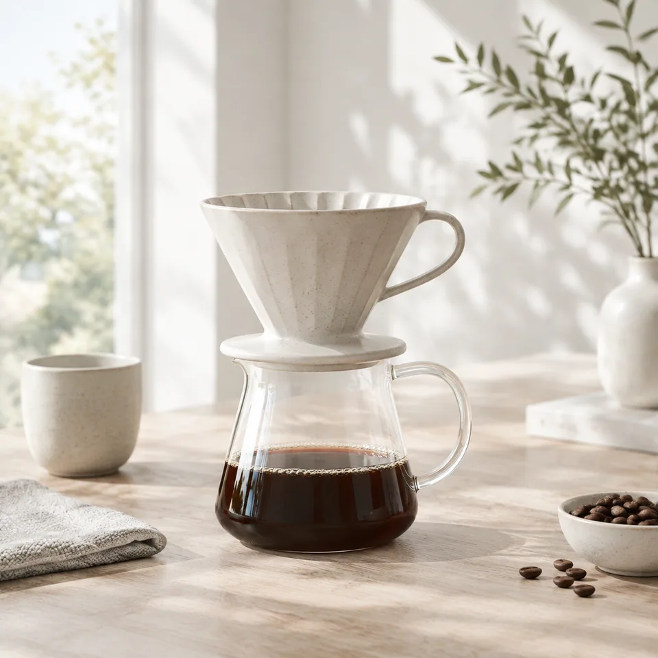 Minimal product shot of a ceramic coffee dripper in the same calm style