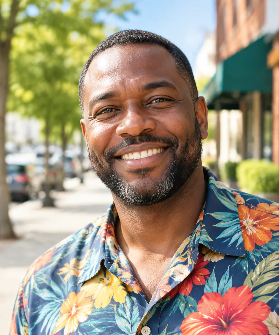 Original photo: smiling bearded man in a colorful shirt