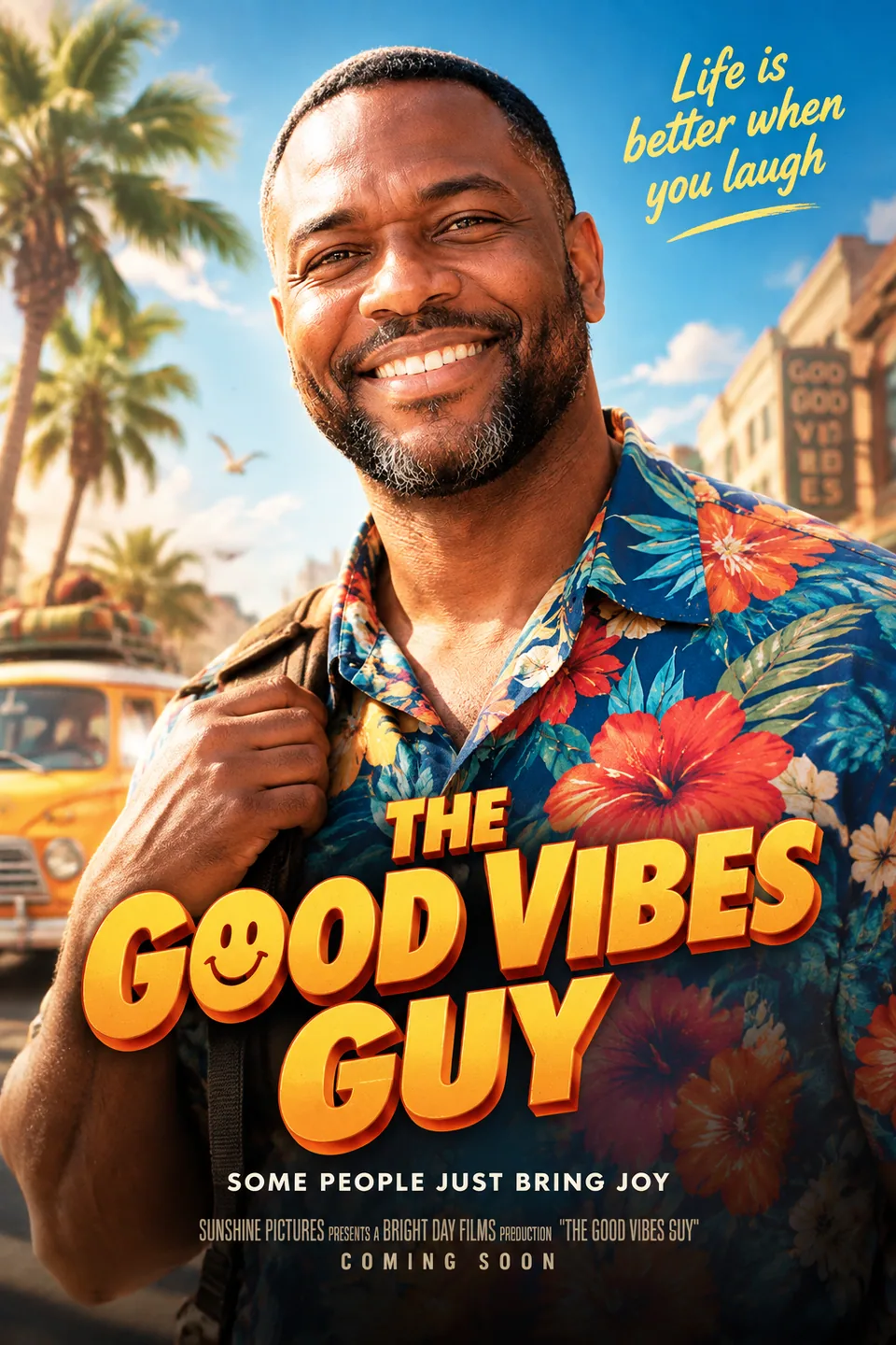 Comedy poster with the same man in a goofy hero pose and bright title