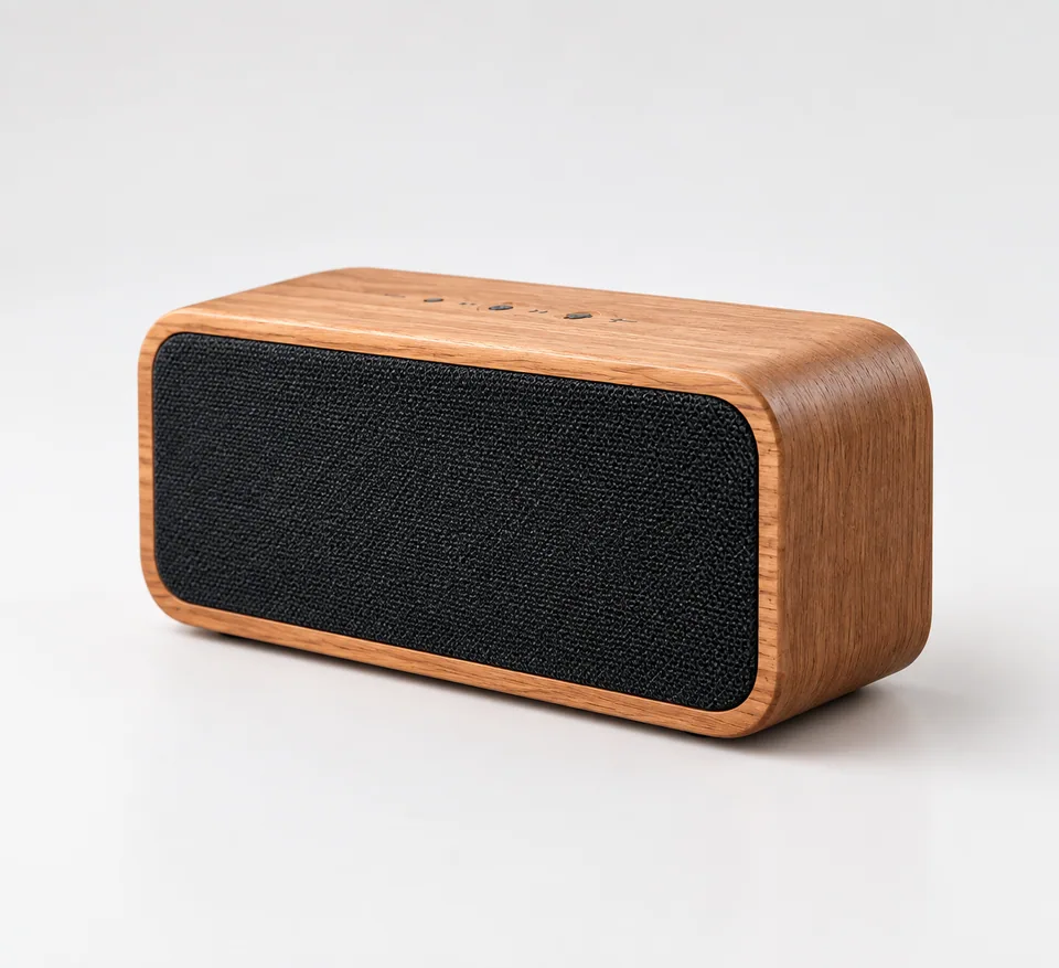 AI result: studio product shot of the speaker with precise reflections