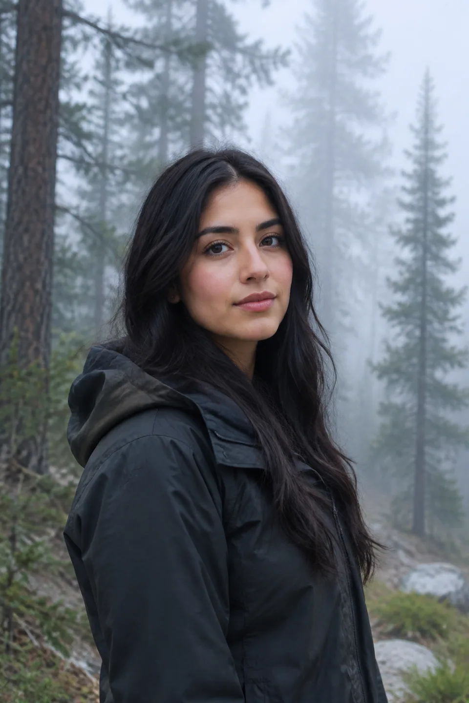 Original photo: woman with long dark hair in a foggy pine forest
