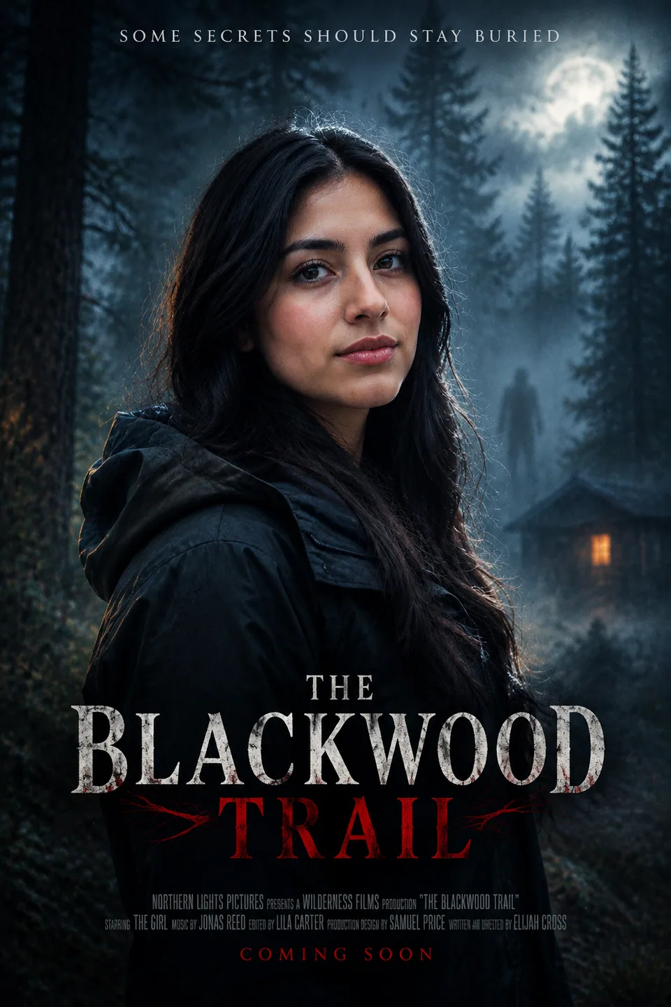 Horror poster: the same woman in a dark eerie forest with a tagline