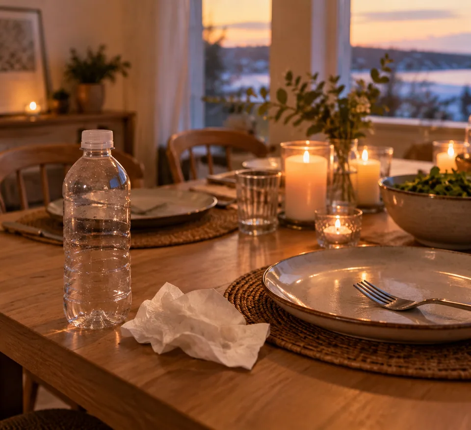Set dinner table spoiled by a plastic bottle and crumpled napkin