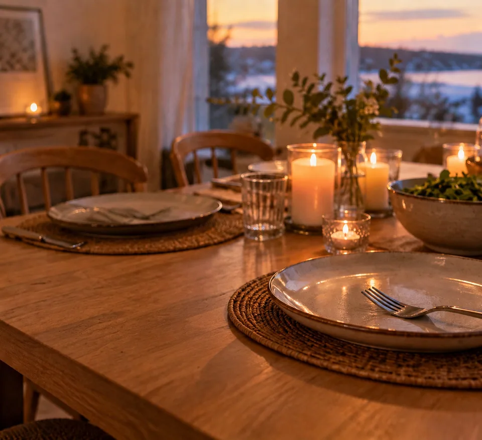 The same table without clutter, wood and tableware restored