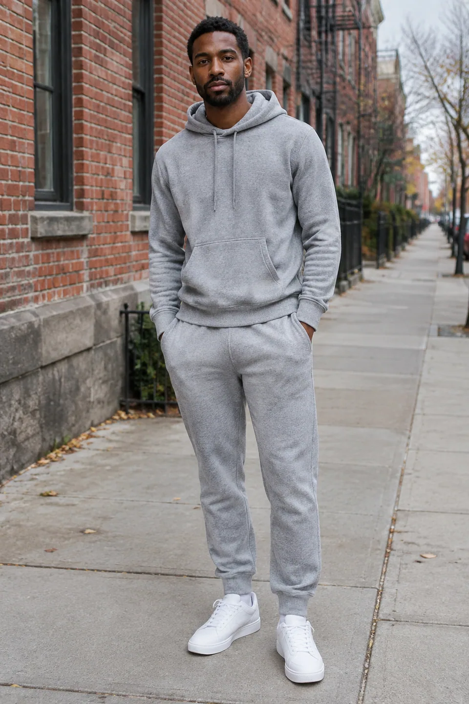Original photo: man in a grey hoodie and joggers on a city sidewalk