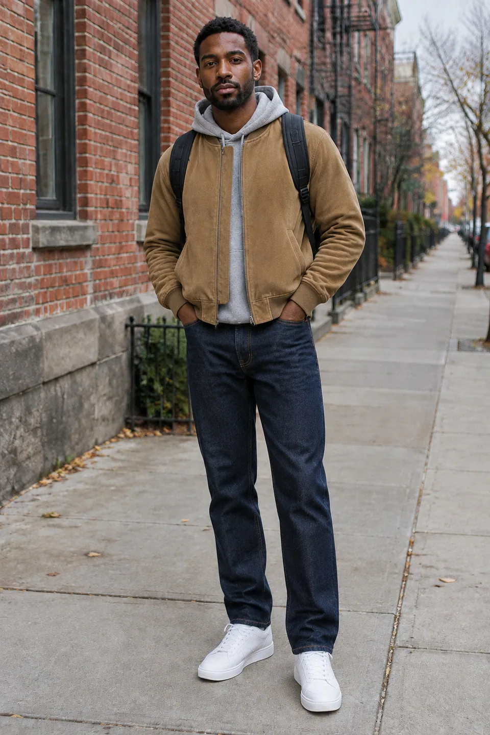 AI result: tan suede bomber and indigo jeans, same pose and street