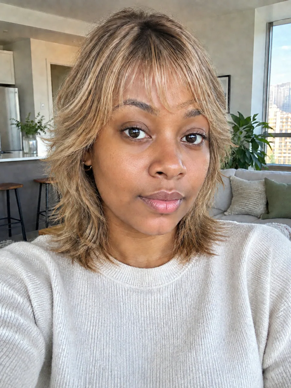 AI result: the same woman with a honey-blonde layered shag and bangs