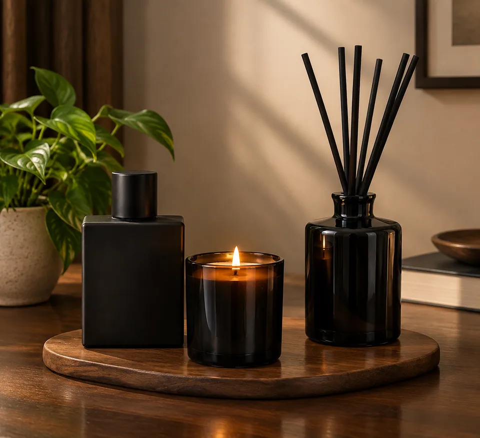 AI result: perfume, candle and diffuser arranged in one premium dark-toned set