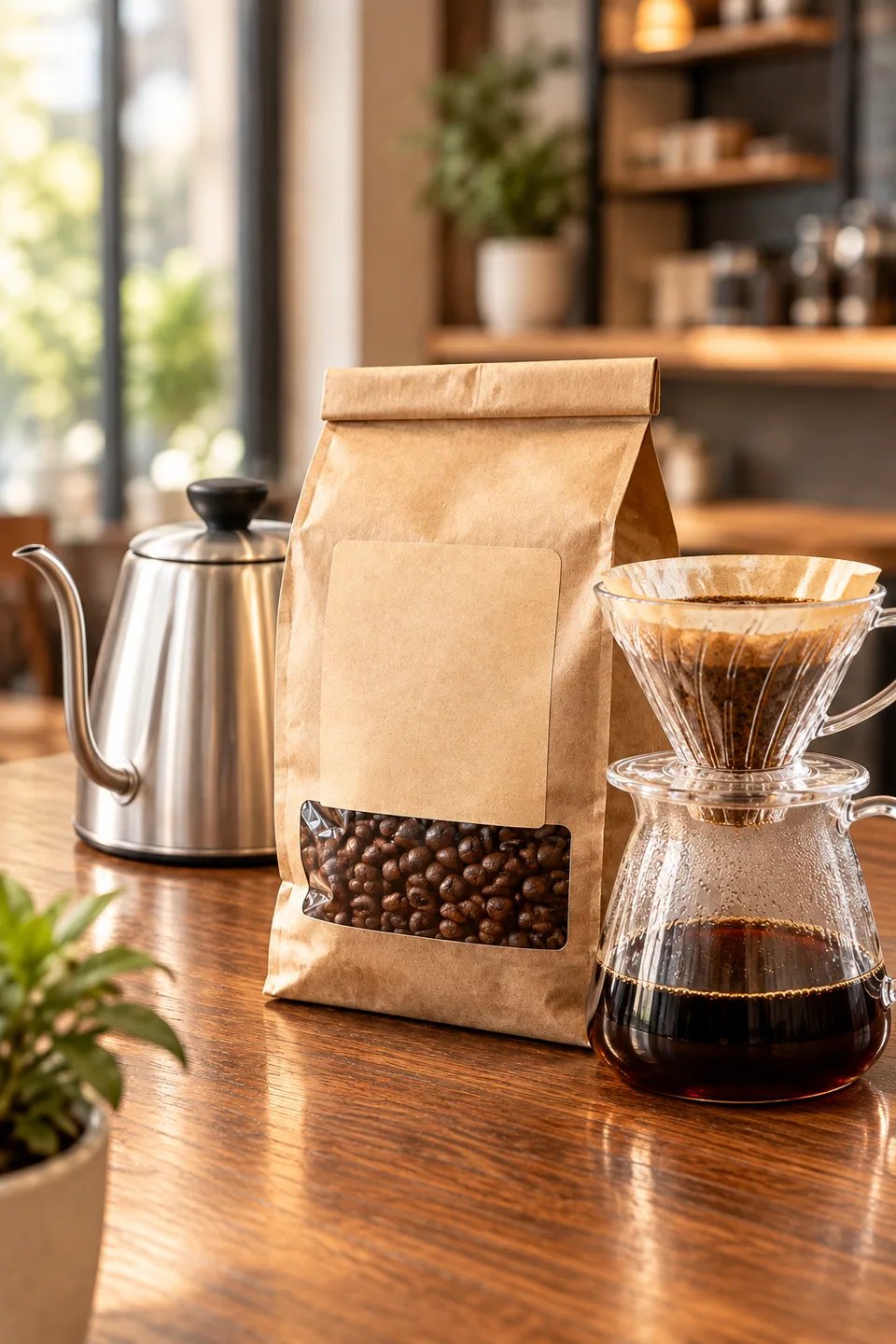 AI result: coffee beans, kettle and dripper styled as one brew-kit composition