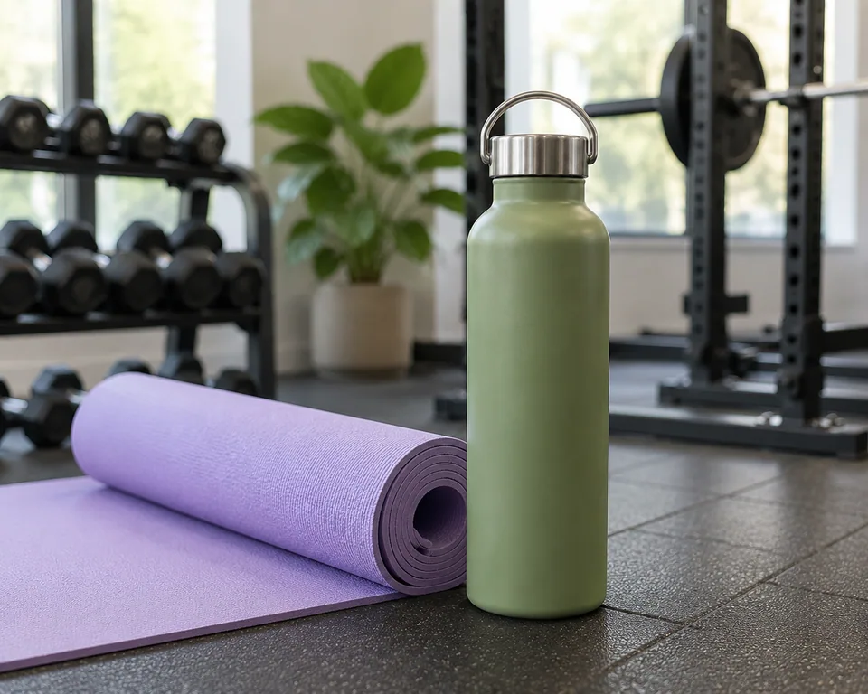 AI result: yoga mat and water bottle in a clean wellness product composition