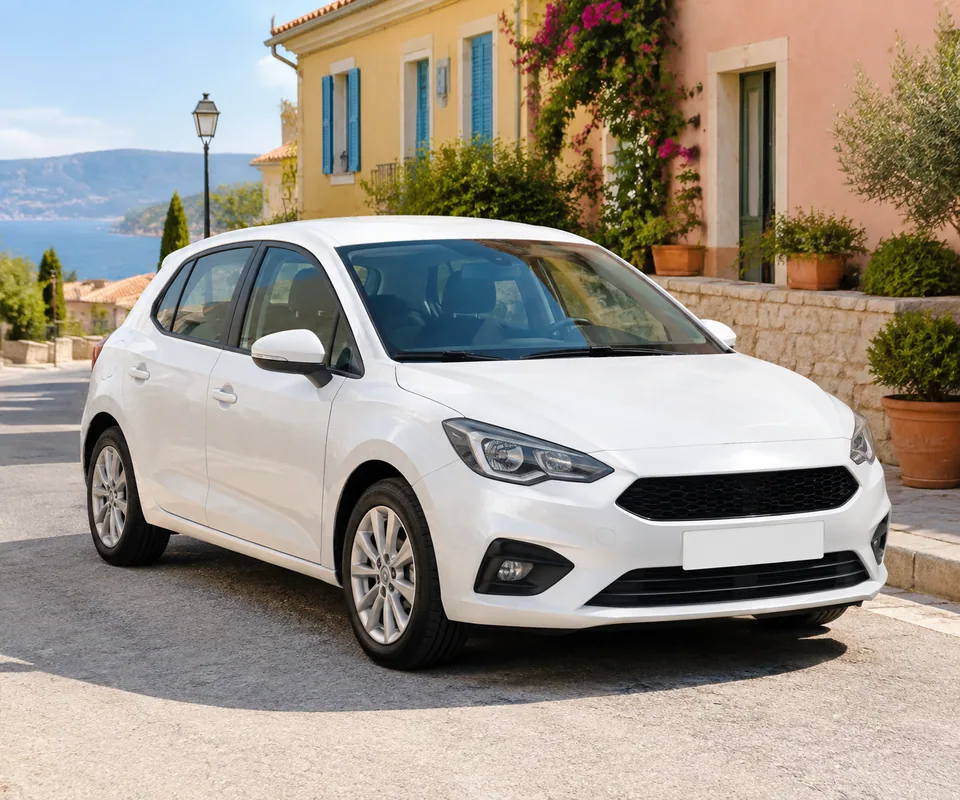 Original photo: white hatchback on a sunny Mediterranean street