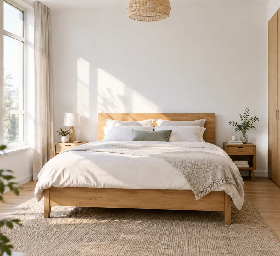 Original photo: bedroom with a plain white wall behind the bed