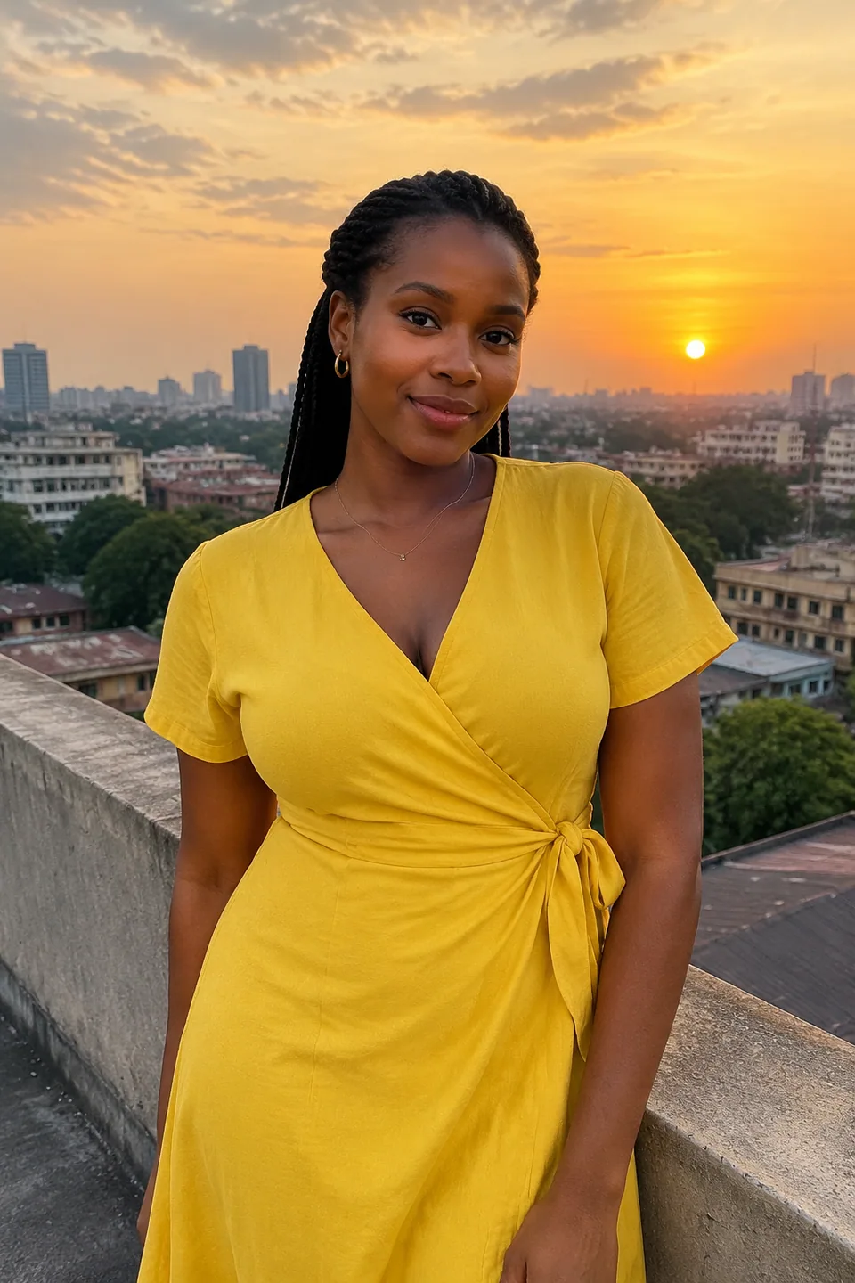 Original photo: woman in a yellow wrap dress on a rooftop at sunset