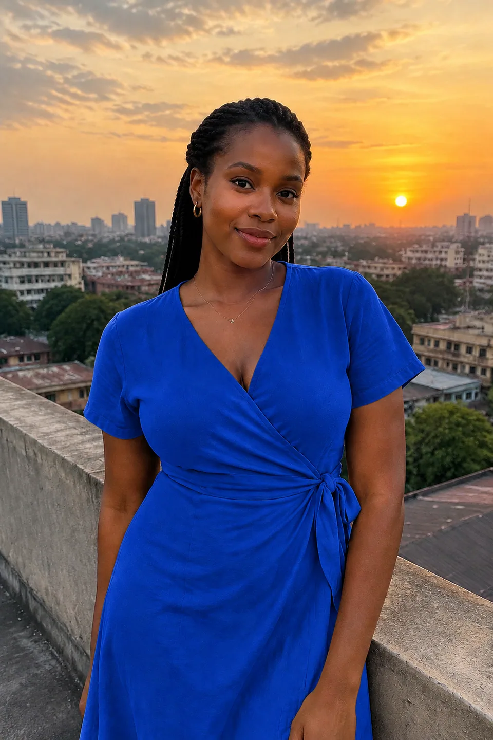 AI result: the same dress in royal blue with the folds preserved