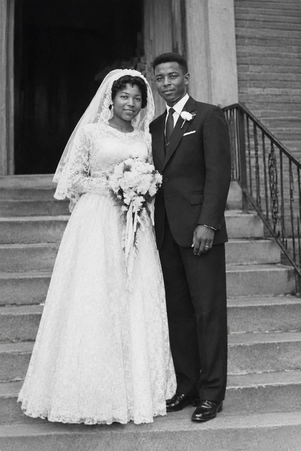 Restored: sharp faces and lace veil, crease and stains removed