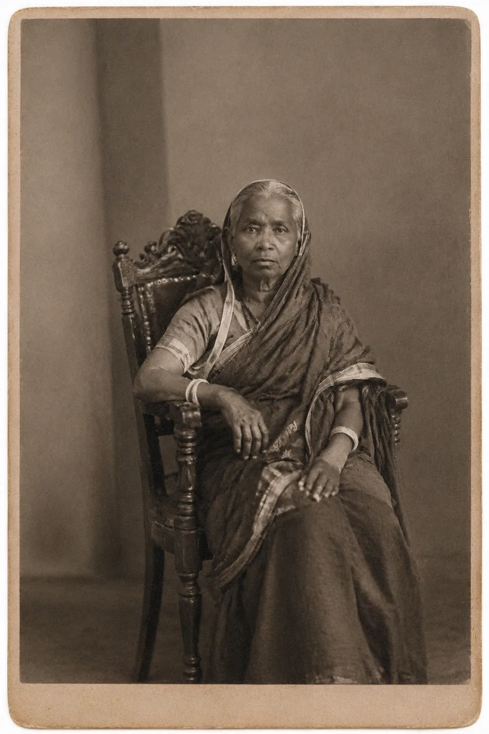 Restored: cracks and mold spots repaired, sari folds and face clear