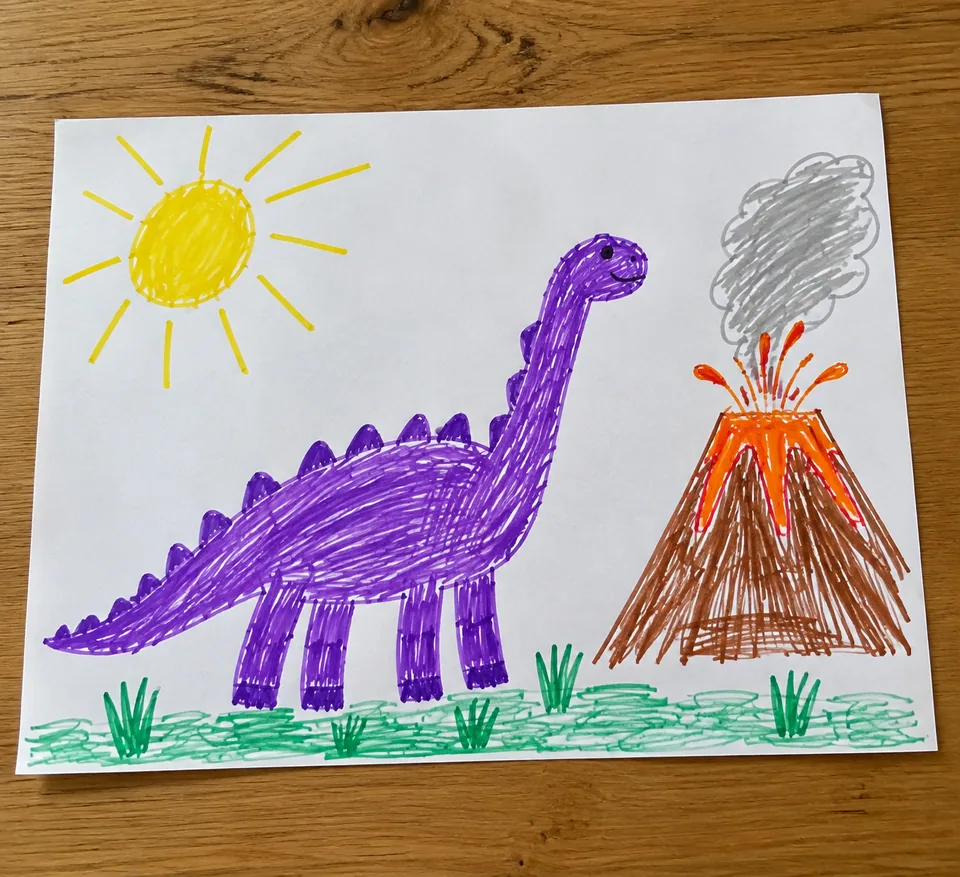 Child's marker drawing of a purple dinosaur and a volcano
