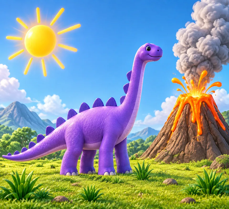 The same dinosaur scene as a 3D cartoon illustration